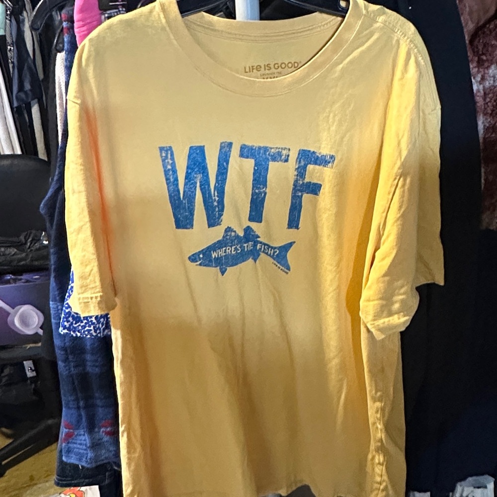Life Is Good crusher Yellow Tee with Blue Graphic wtf where’s the fish